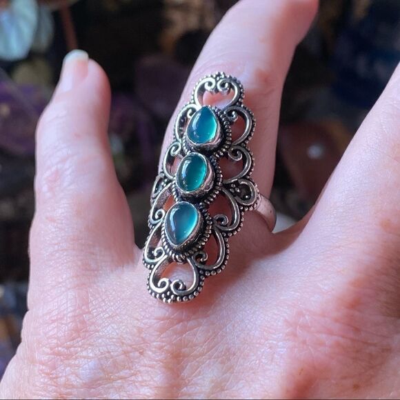 Green Onyx Boho Sterling Silver Gemstone Ring Size 9.5 - Picture 5 of 6